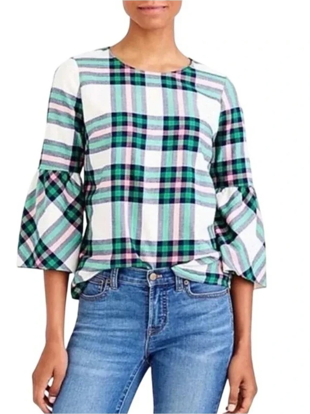 J. Crew Plaid Flannel Bell-Sleeve Top